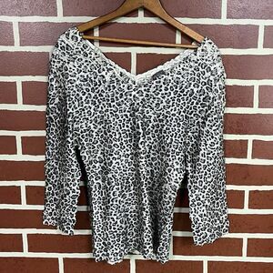 Vintage 90s Y2K Sz Large Textured Leopard Print 3/4 Sleeve Top Popcorn Slubbled